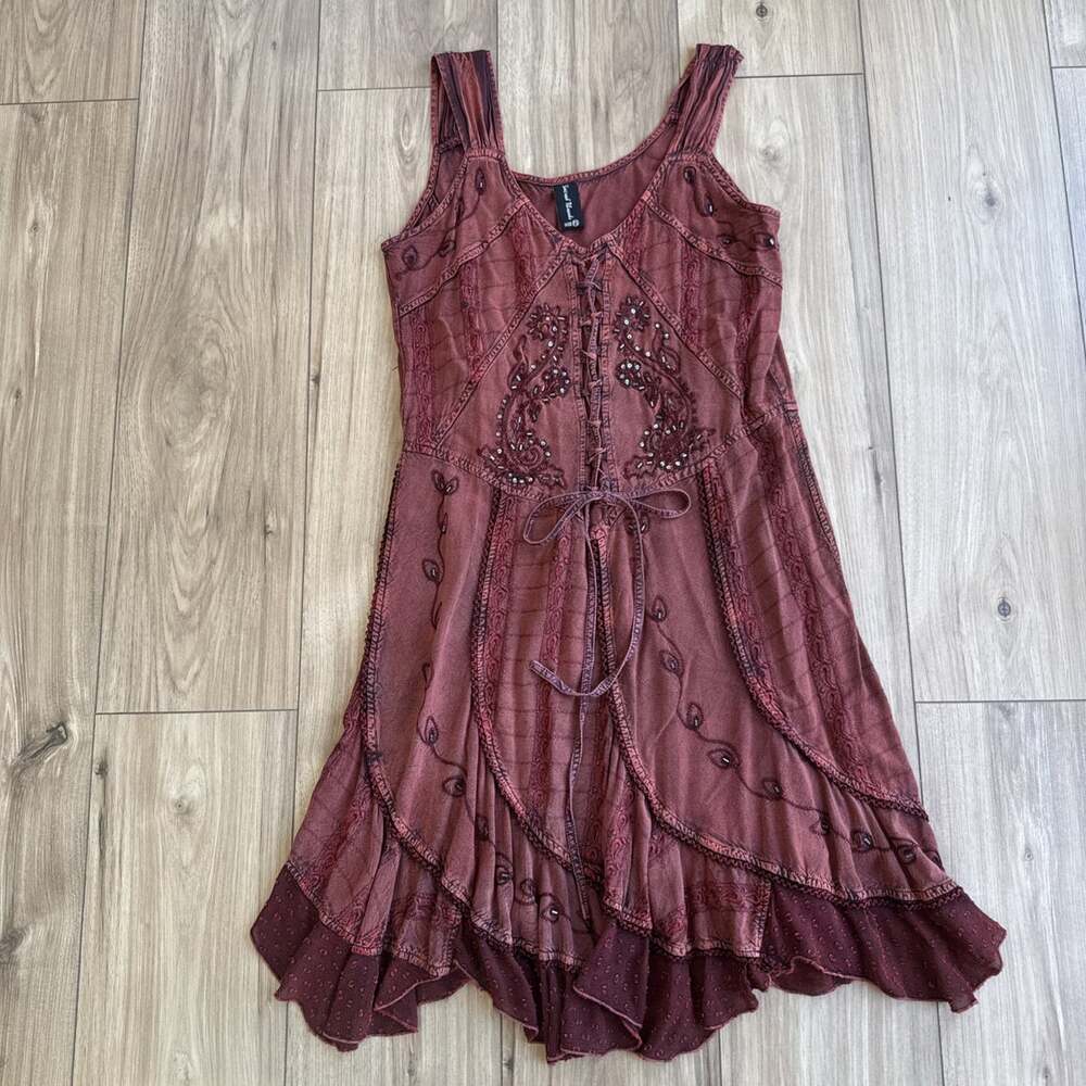 Sacred Threads Dress Boho Fairycore Sz S Handkerchief Hem Red Embroidered Corset
